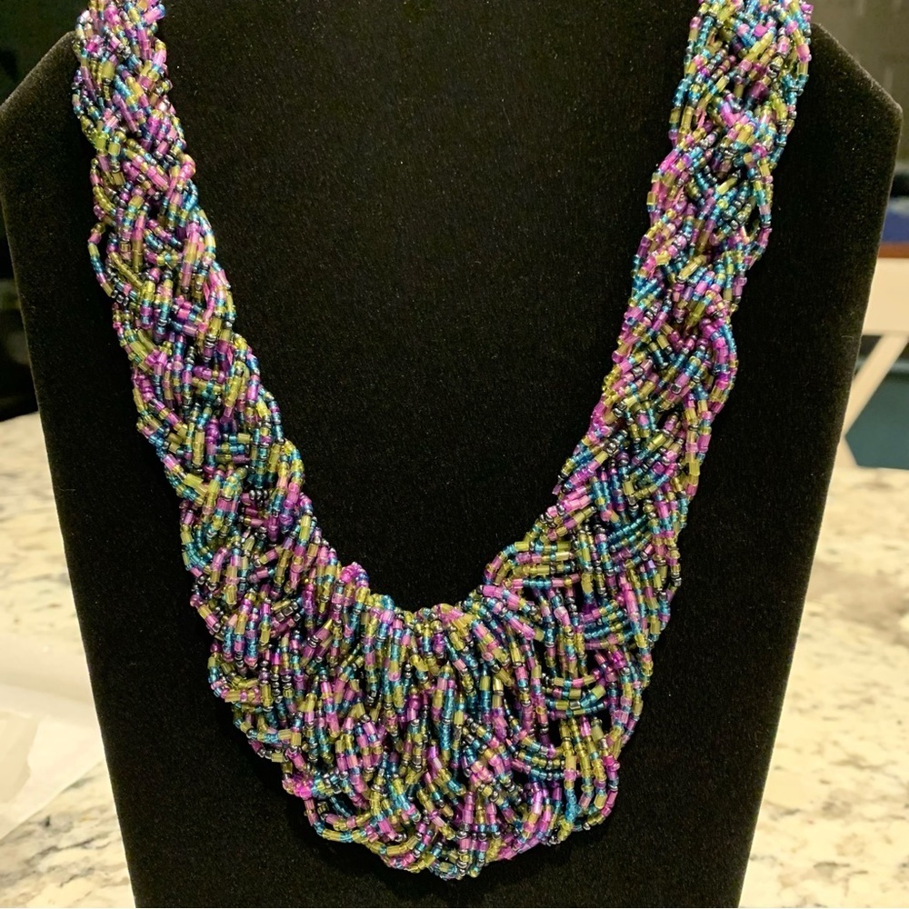 Statement Necklace! Braided Seed Bead Multi-Color… - image 1